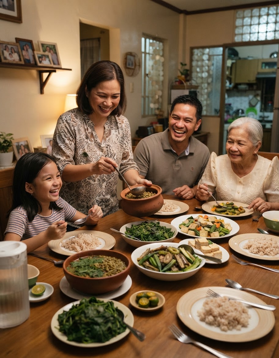 Isang masayang pamilyang Pilipino na naghahapunan.