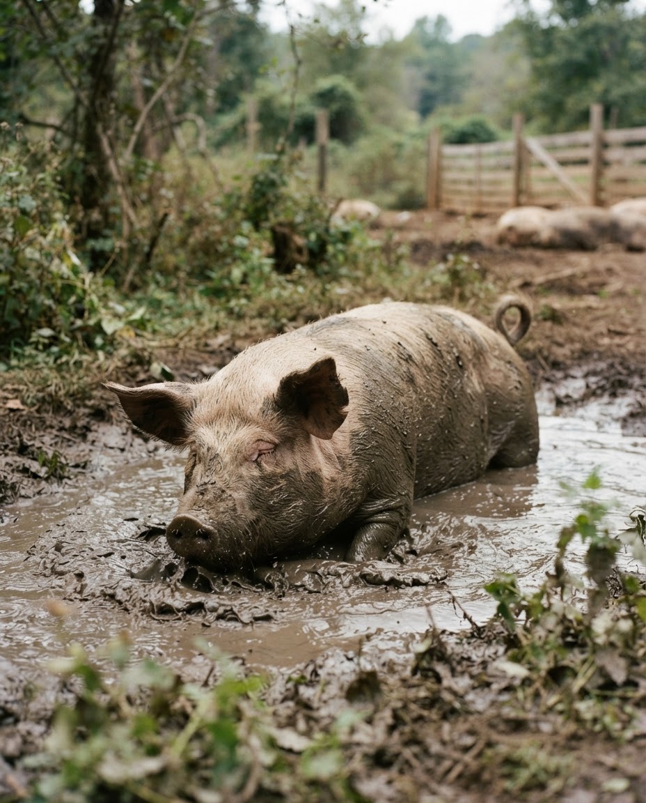 A rescued pig enjoys a natural behaviour at a sanctuary, free from exploitation.