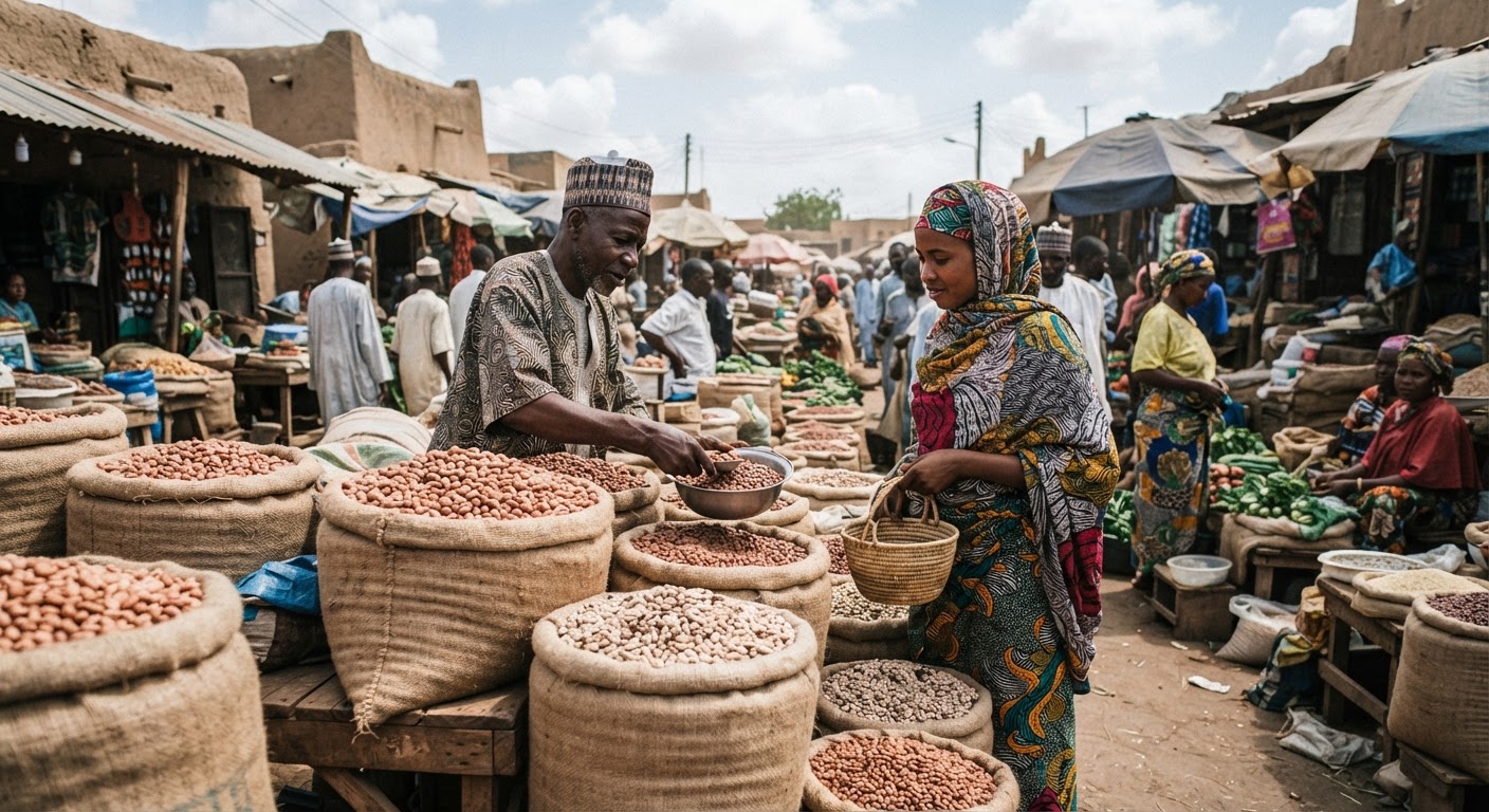 Kasuwanni kamar wannan a Kano suna da mahimmanci ga tattalin arzikin al'ummar yankin, inda ake sayar da amfanin gona irin su gyada da wake.
