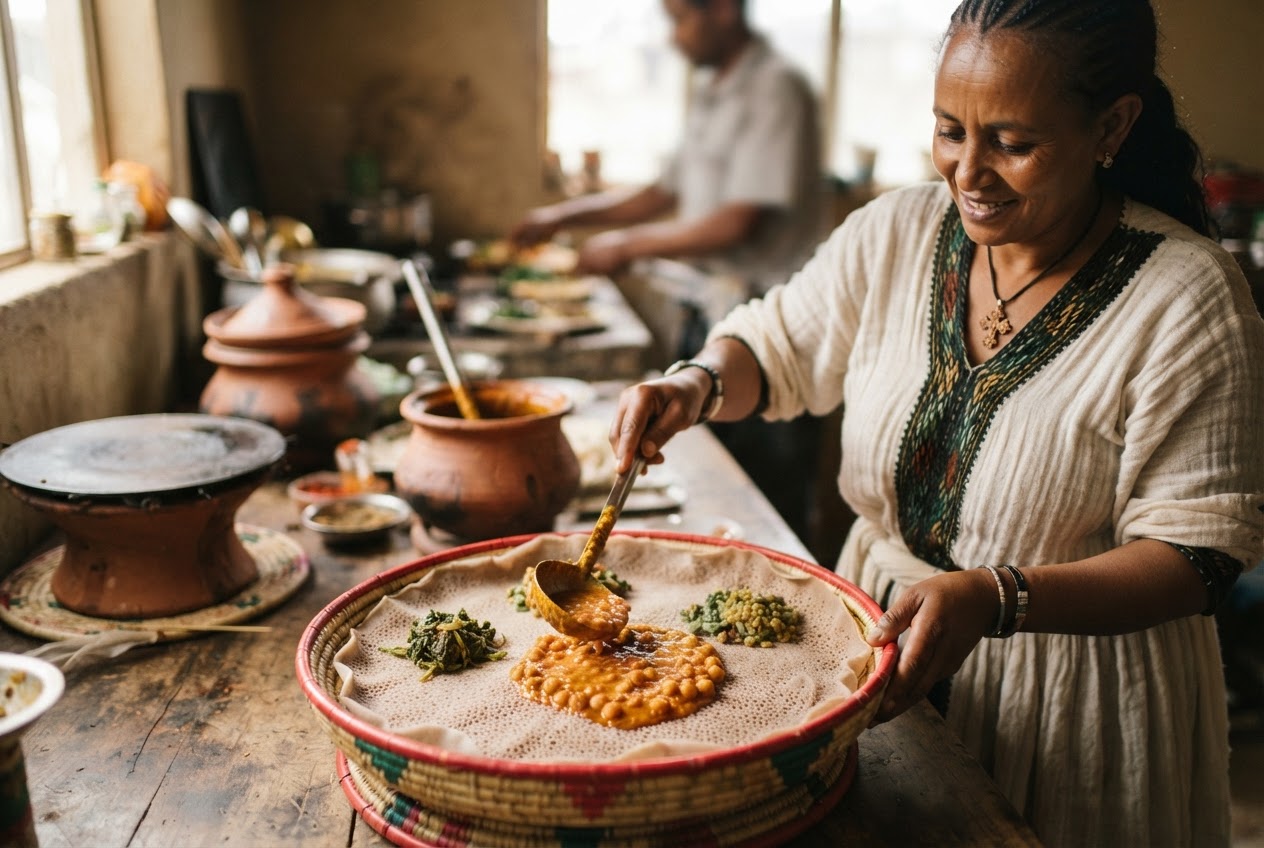 የተዘጋጀ የኢትዮጵያ ሽሮ ወጥ፣ ከእንጀራ ጋር የሚቀርብ የጾም እና የዕለት ተዕለት ተወዳጅ ምግብ።