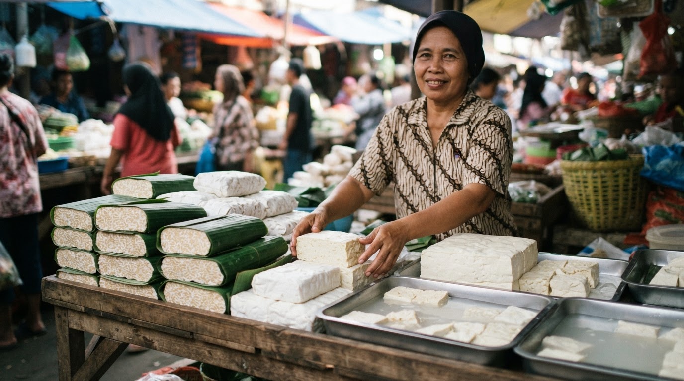 Seorang penjual di pasar tradisional Indonesia memajang tumpukan tempe dan tahu segar.