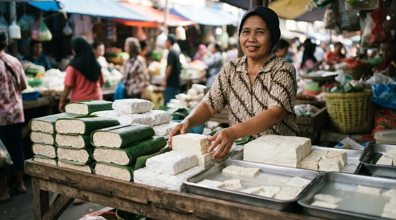 Seorang penjual di pasar tradisional Indonesia memajang tumpukan tempe dan tahu segar.