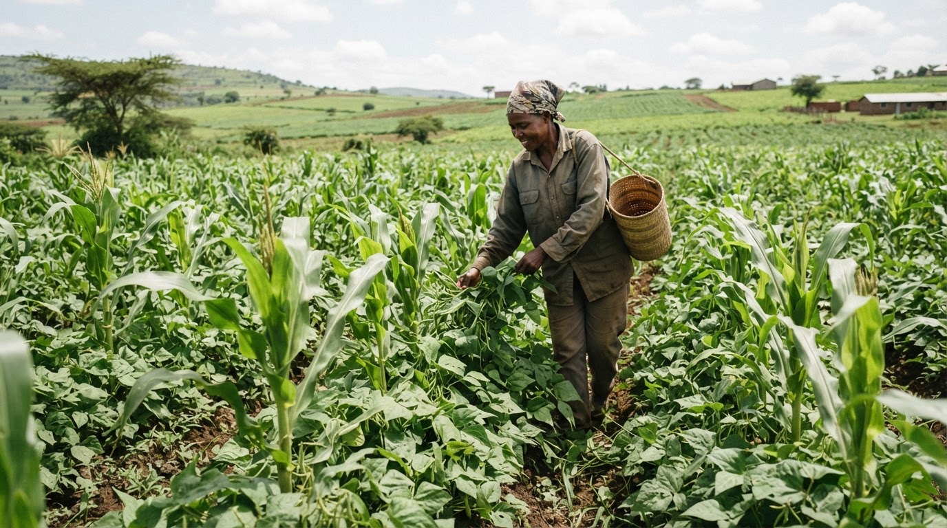 Shamba la mahindi na maharagwe nchini Kenya likionyesha uhusiano kati ya mazao na lishe.