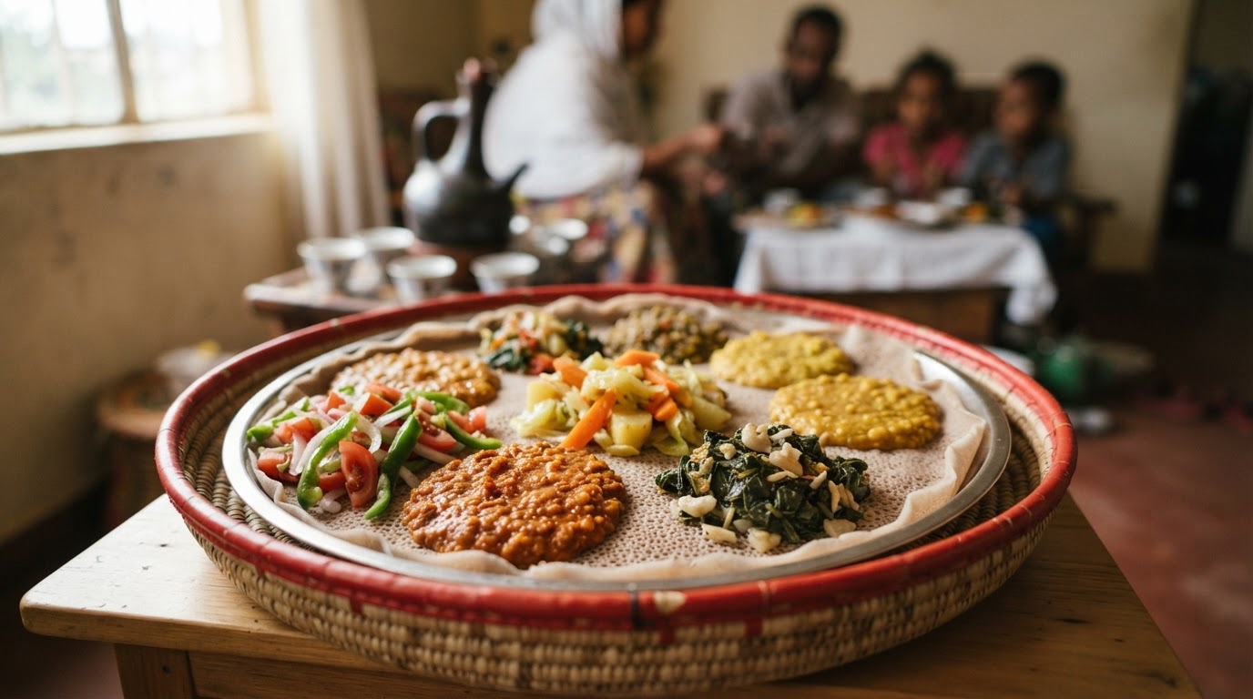 የተለያዩ የኢትዮጵያ ባህላዊ ምግቦች፣ ዳቦ፣ ምስር እና አትክልቶች የተሞላ ሰሃን
