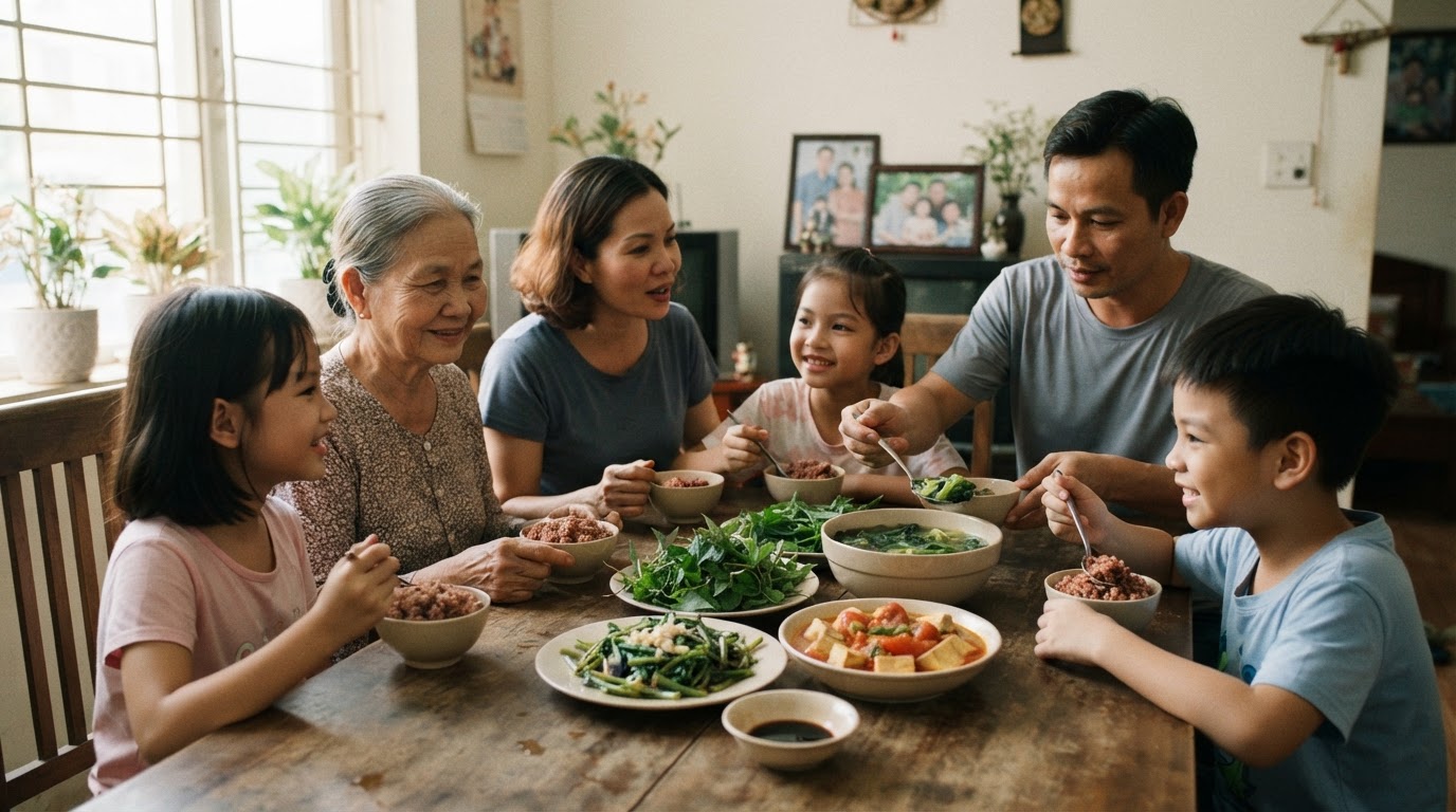 Gia đình người Việt cùng thưởng thức bữa cơm chay đạm bạc