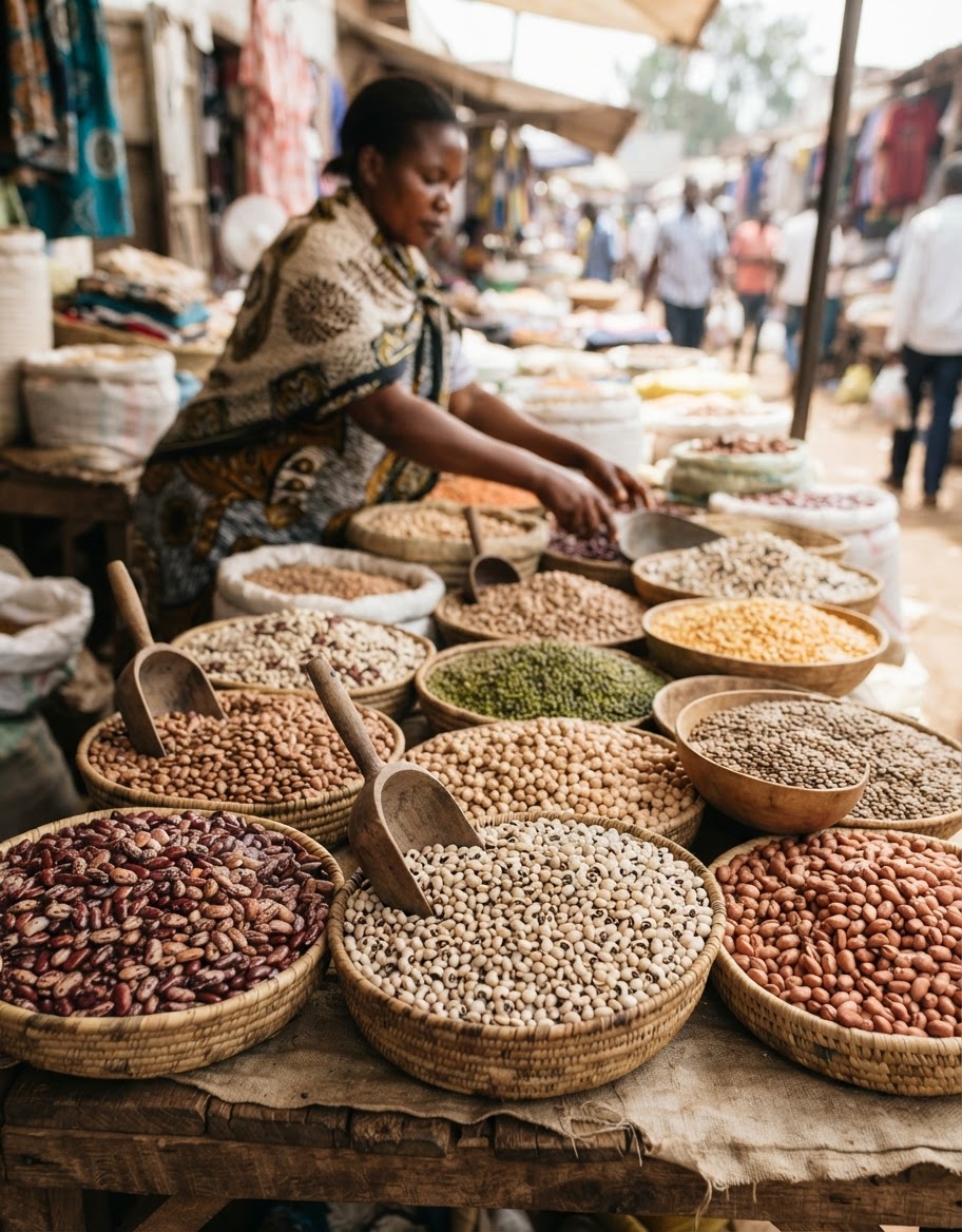 Aina mbalimbali za mikunde zinazopatikana katika masoko ya Afrika Mashariki, zikionyesha utajiri wa vyanzo vya protini za mimea.