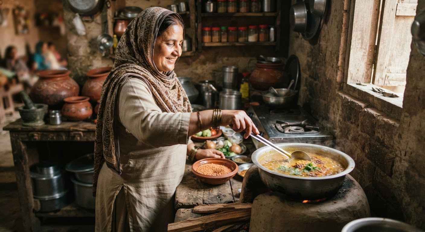 روایتی پاکستانی باورچی خانے میں دال پکاتی ہوئی ایک خاتون۔