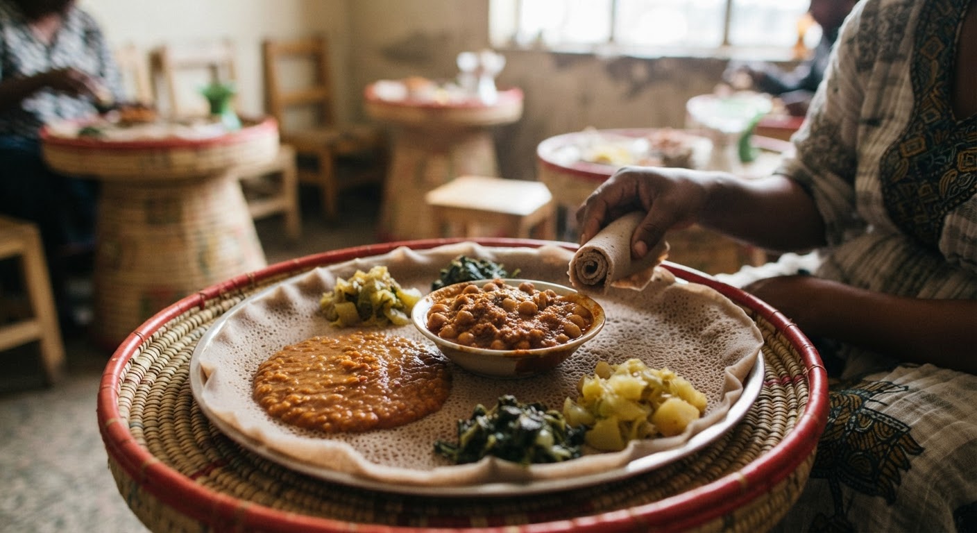 የኢትዮጵያ ባህላዊ የጾም ምግቦች፤ ዳቦ (እንጀራ) ከሽሮ እና ምስር ወጥ ጋር።