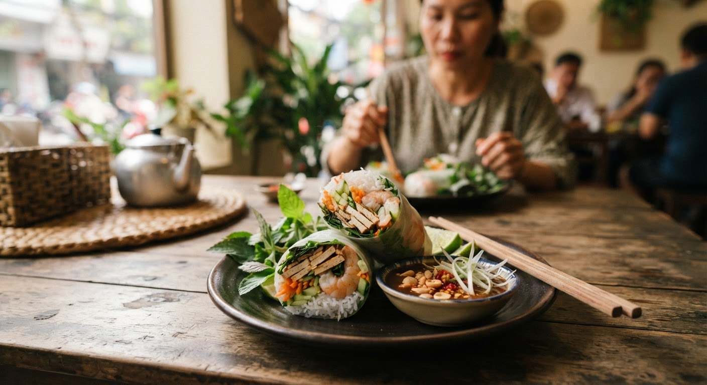 Gỏi cuốn chay, một món ăn nhẹ nhàng và tốt cho sức khỏe, thể hiện sự sáng tạo trong ẩm thực thực vật.