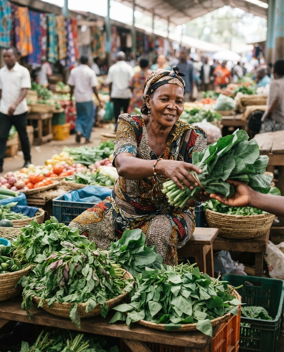 Mkulima akitoa mboga za majani sokoni, akionyesha umuhimu wa masoko ya ndani kwa usambazaji wa chakula.