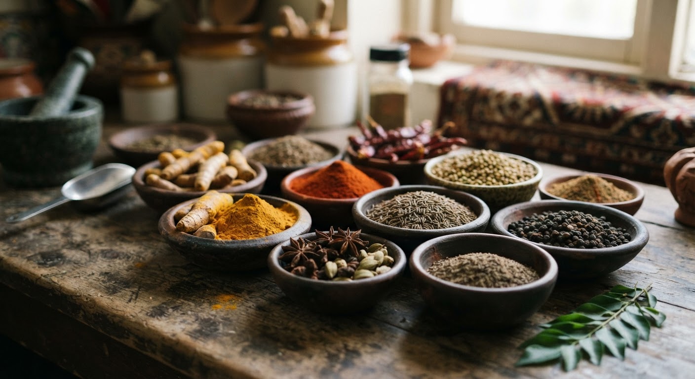 باورچی خانے میں استعمال ہونے والے مختلف رنگوں اور اقسام کے مصالحے۔