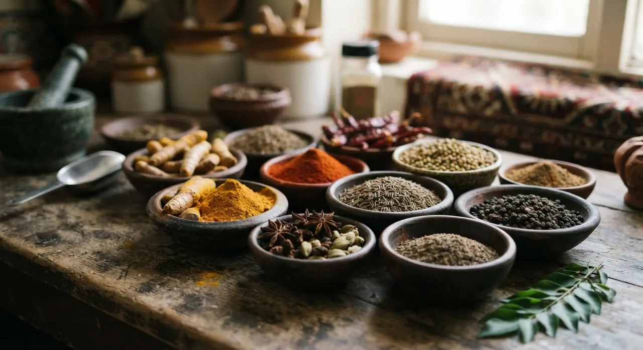 باورچی خانے میں استعمال ہونے والے مختلف رنگوں اور اقسام کے مصالحے۔
