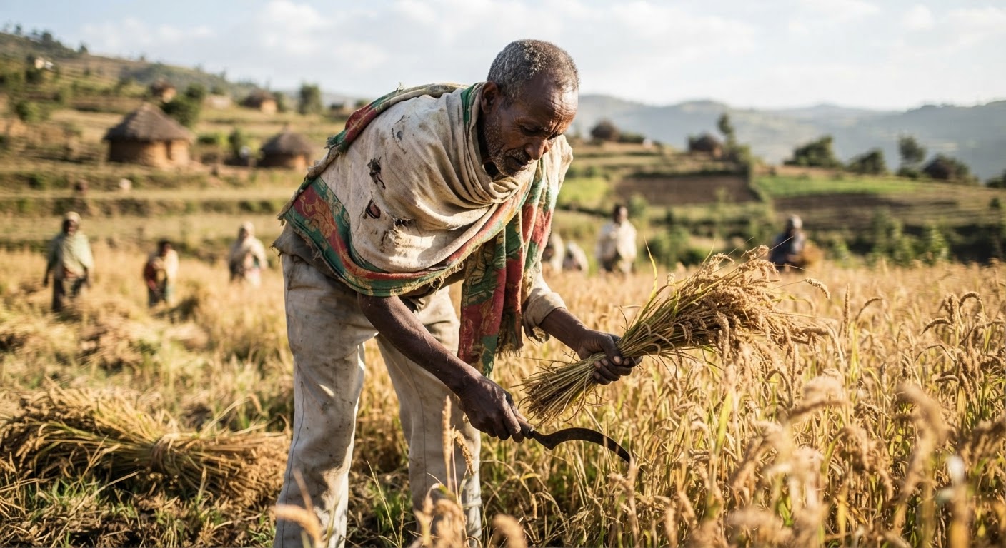 አርሶ አደሮች ጤፍ ሲሰበስቡ፤ የአገር ውስጥ ሰብሎች የጤናማ አመጋገብ መሰረት ናቸው።