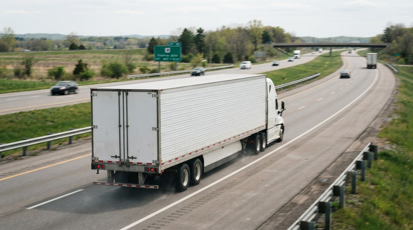 A long, refrigerated truck travels along a highway, its cargo area designed for temperature-controlled transport.