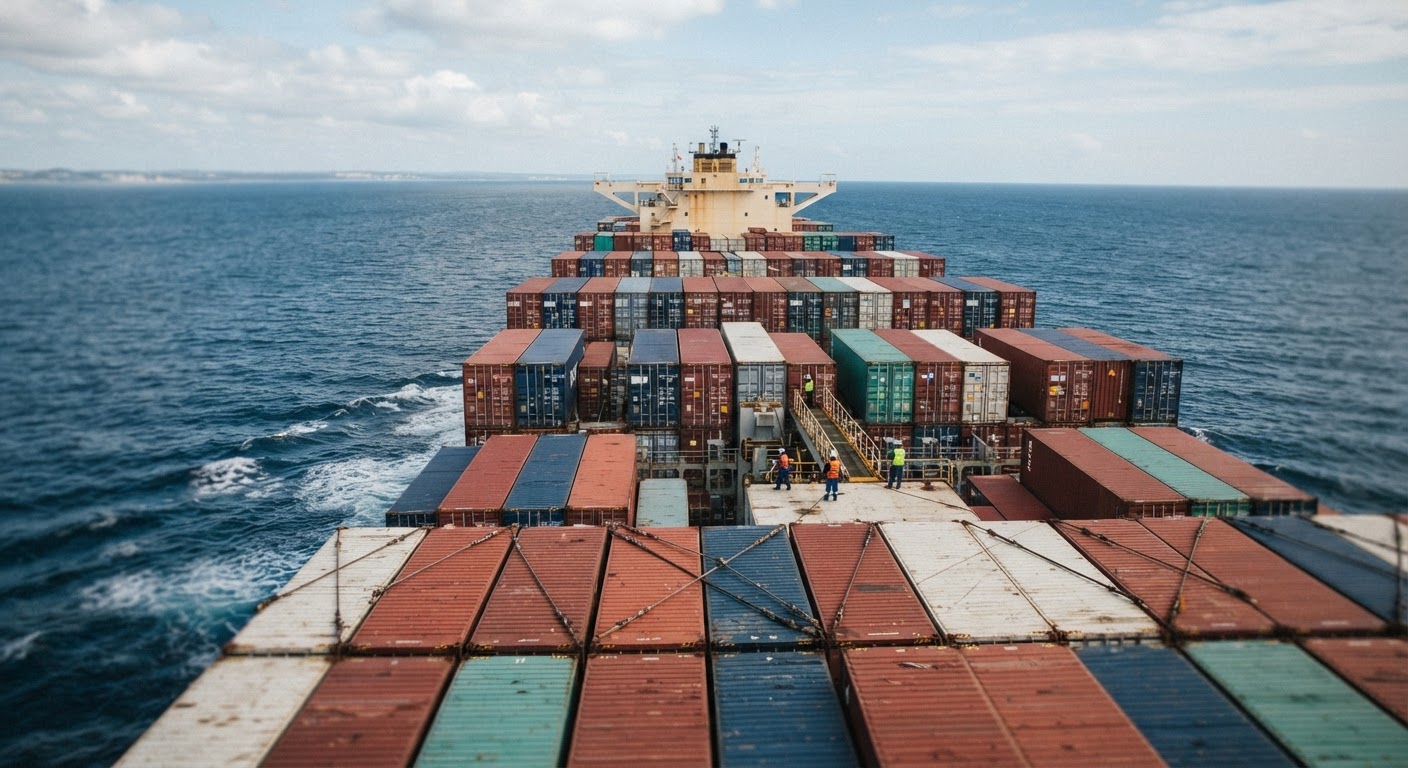 Container ships are the primary mode of transport for global food trade, significantly more efficient than air freight for reducing carbon emissions per unit.