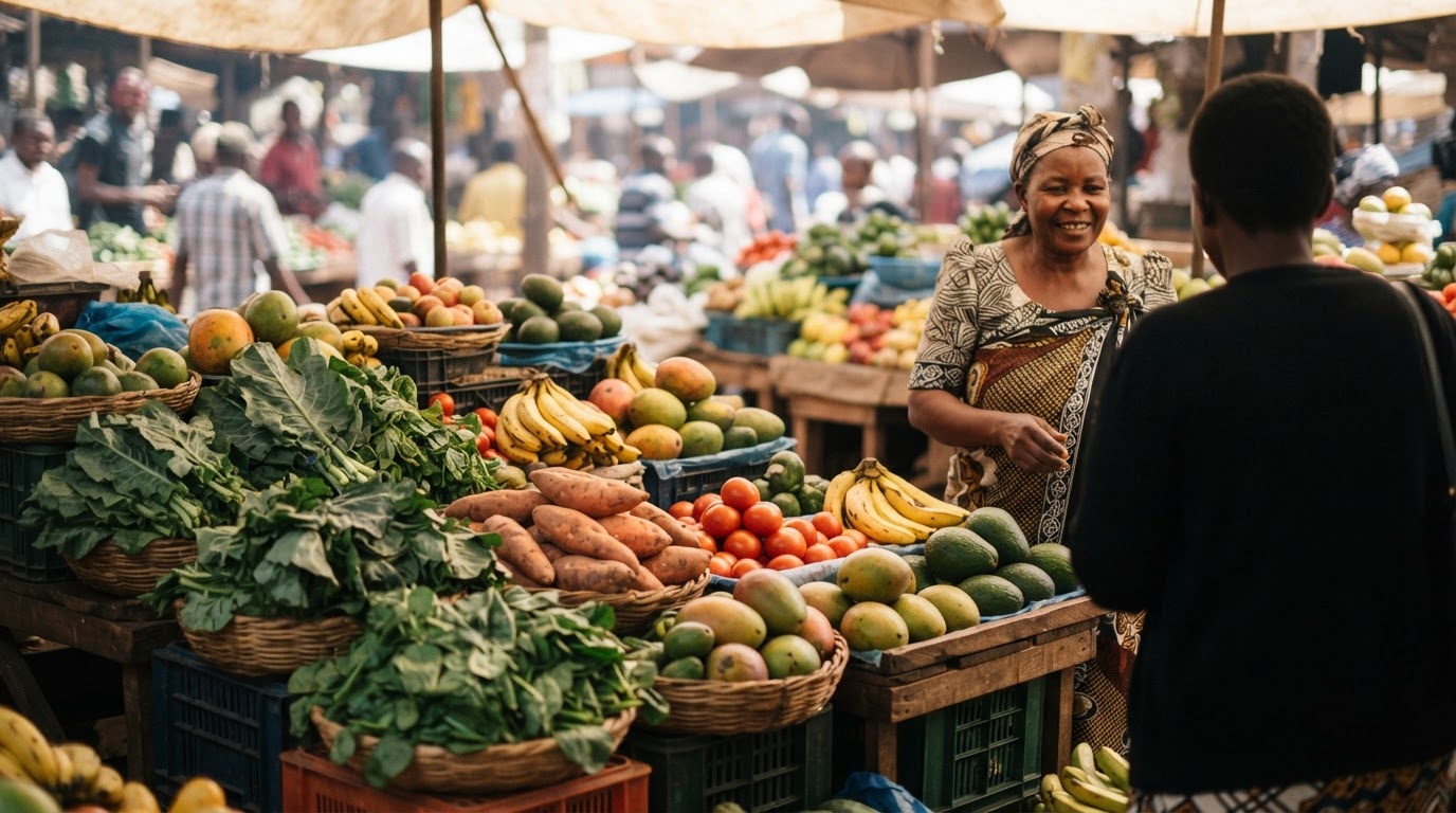 Soko la Kiafrika likiwa na mboga na matunda mapya