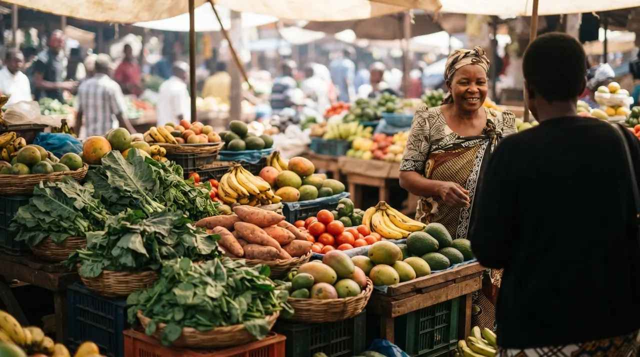 Soko la Kiafrika likiwa na mboga na matunda mapya