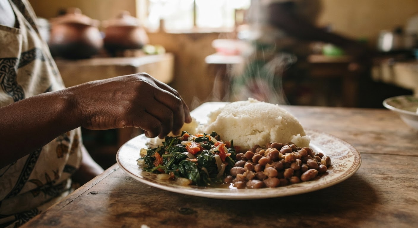 Ugali, mboga za majani, na maharagwe - mlo kamili wa mimea wa kitamaduni.