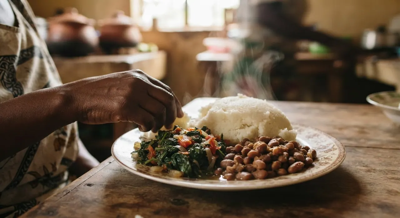 Ugali, mboga za majani, na maharagwe - mlo kamili wa mimea wa kitamaduni.
