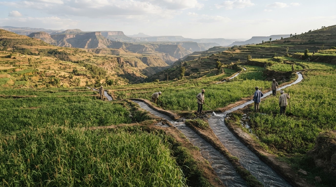 የኢትዮጵያ ተራራማ አካባቢዎች እርሻ መሬት የመስኖ ቦዮች ያሉበት