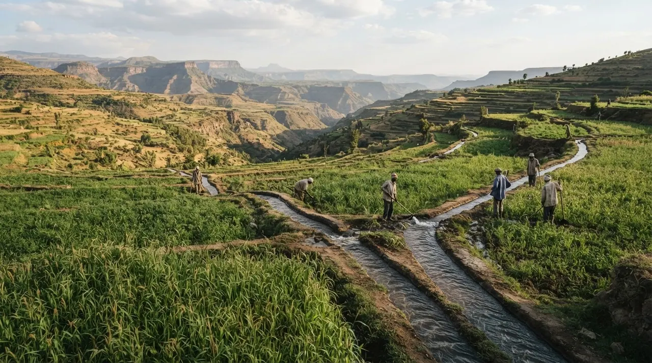 የኢትዮጵያ ተራራማ አካባቢዎች እርሻ መሬት የመስኖ ቦዮች ያሉበት