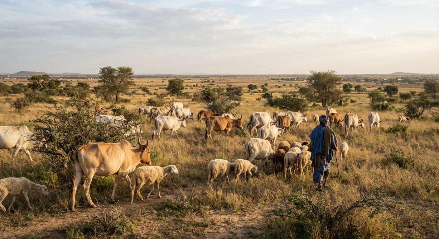 Shanun da tumaki a wuraren kiwo a yankin Sahel.