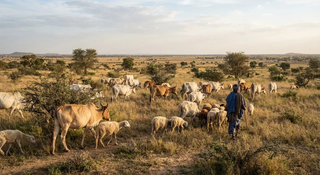 Shanun da tumaki a wuraren kiwo a yankin Sahel.