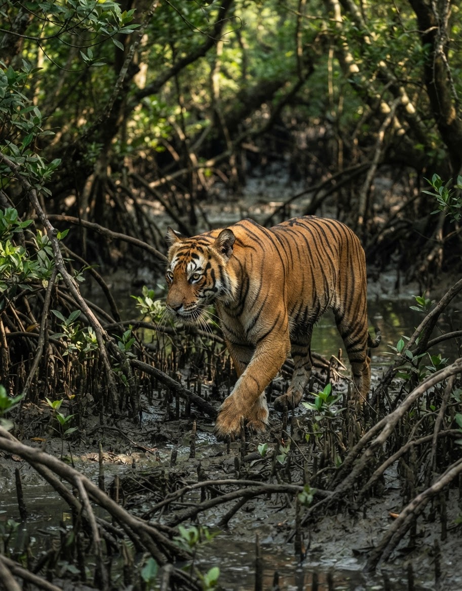 সুন্দরবনের ম্যানগ্রোভ অরণ্যে রয়েল বেঙ্গল টাইগার।