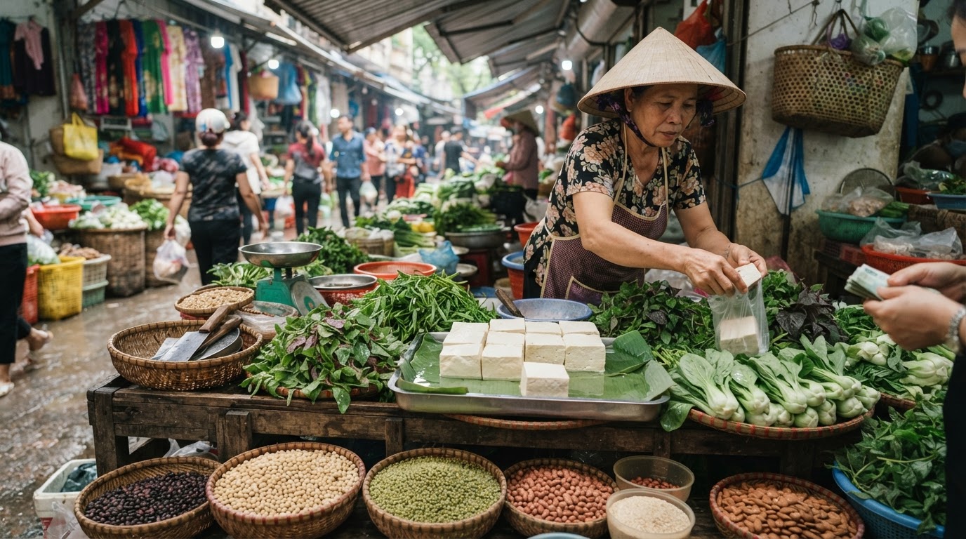 Quầy hàng rau củ và đậu phụ tại chợ Việt Nam