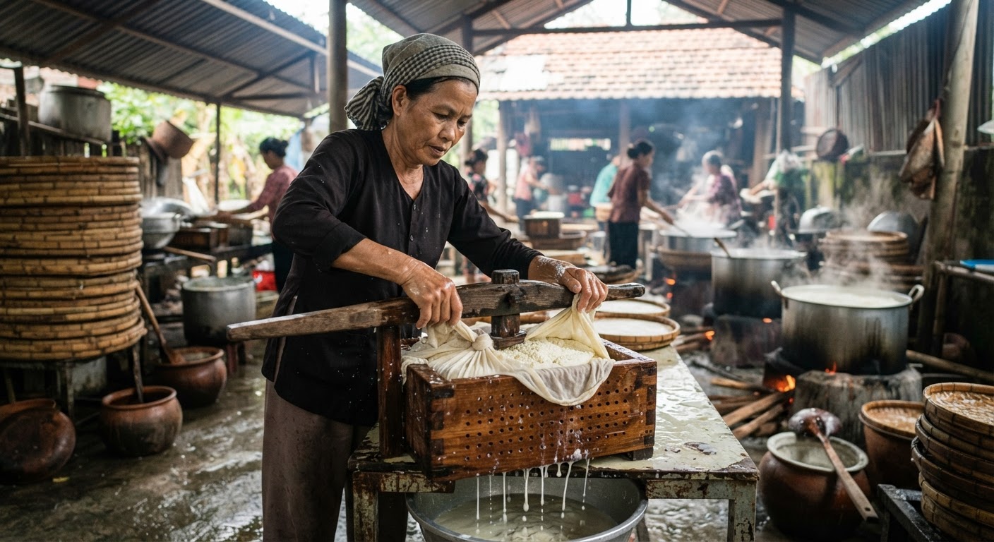 Quy trình sản xuất đậu phụ truyền thống tại Việt Nam.