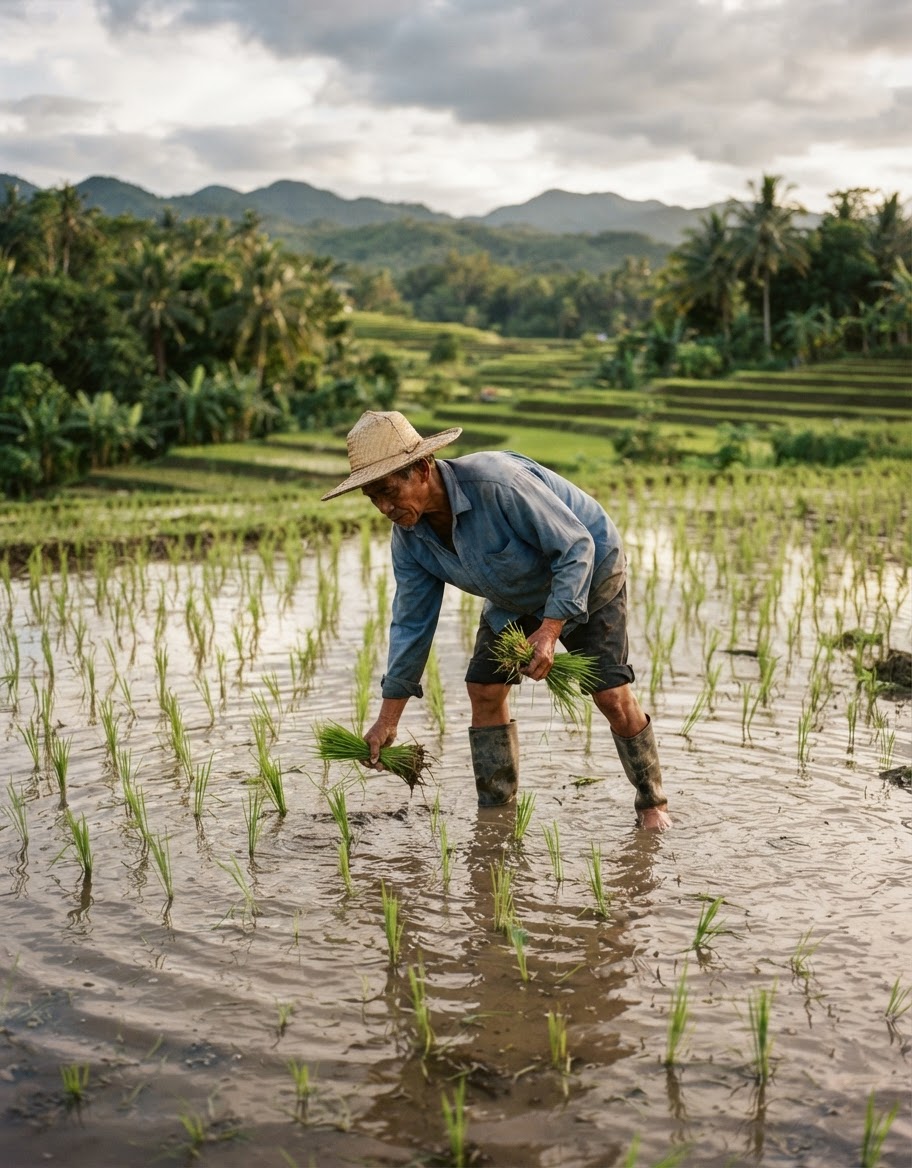 Isang magsasakang Pilipino na nagtatanim ng palay, isang mahalagang pananim na nakasalalay sa katatagan ng klima.