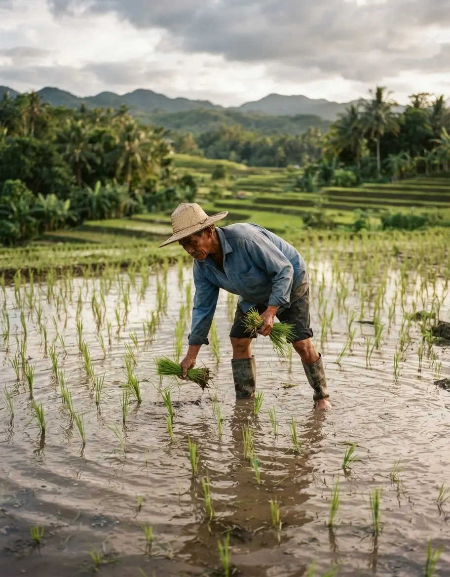 Isang magsasakang Pilipino na nagtatanim ng palay, isang mahalagang pananim na nakasalalay sa katatagan ng klima.