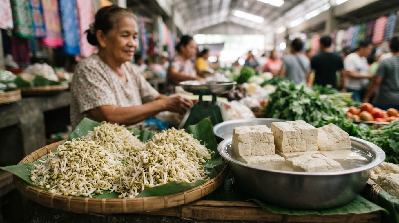 Mga sariwang munggo at tofu na mabibili sa mga lokal na pamilihan sa Pilipinas, mga pangunahing sangkap sa plant-based na lutuin.