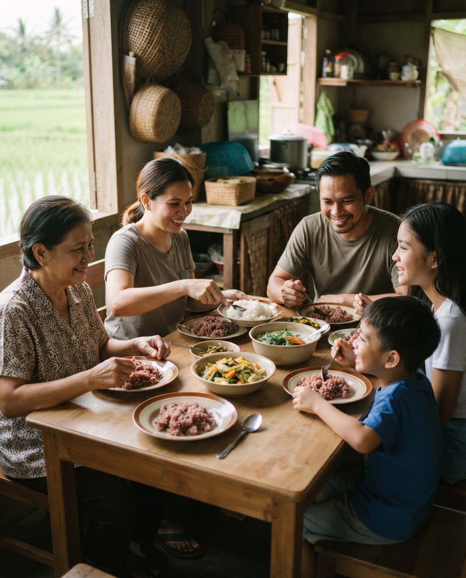 Isang pamilyang Pilipino na nagbabahagi ng masustansyang pagkain na nakabatay sa halaman, nagpapakita ng pag-asa para sa isang mas malusog na kinabukasan.