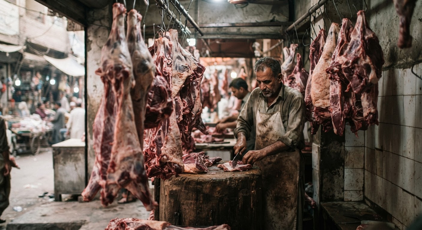ایک روایتی قصائی کی دکان جہاں گوشت معلق ہے۔