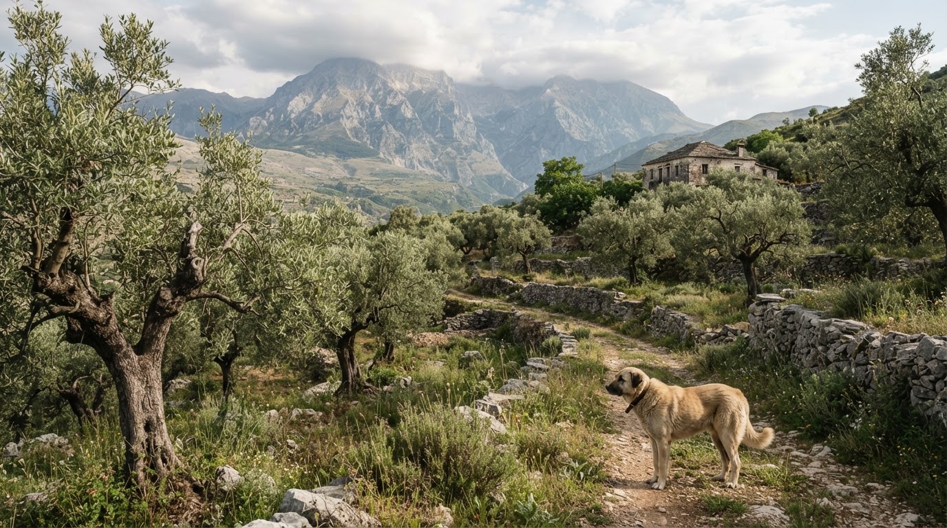 Peizazh rural tradicional shqiptar me pemë ulliri dhe male