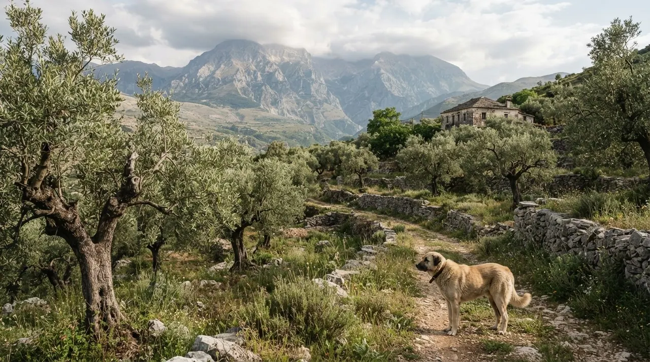 Peizazh rural tradicional shqiptar me pemë ulliri dhe male
