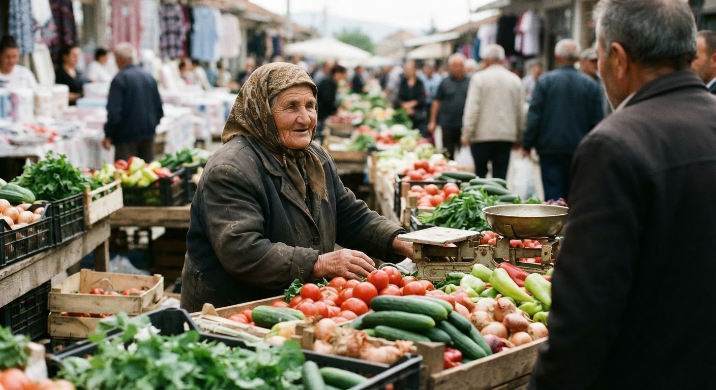 Tregtarët lokalë duke shitur produkte të freskëta në një treg shqiptar.