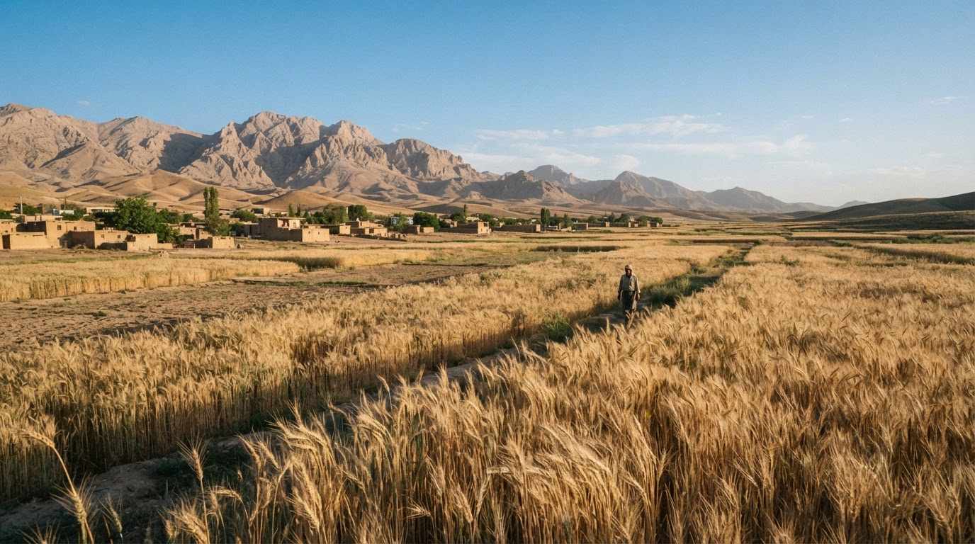 منظره کشاورزی ایران با مزارع گندم و کوهها