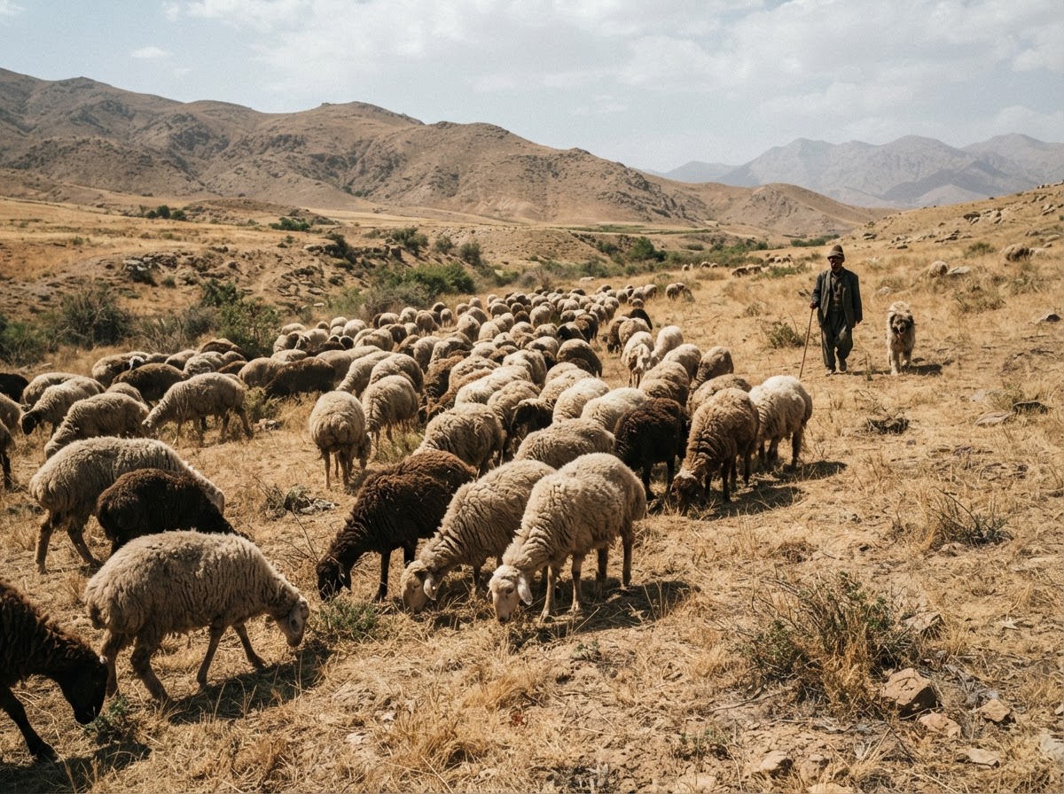 گله گوسفندان در حال چرا در مراتع خشک ایران، نمادی از فشار بر منابع طبیعی.