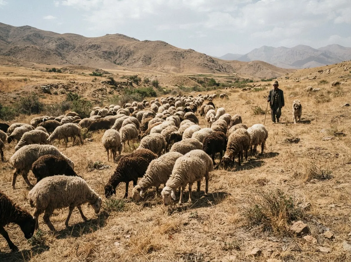 گله گوسفندان در حال چرا در مراتع خشک ایران، نمادی از فشار بر منابع طبیعی.