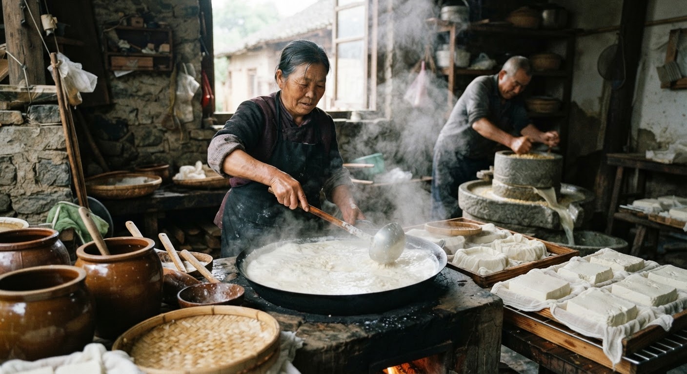 传统手工制作豆腐的过程,展现了豆制品在亚洲饮食文化中的核心地位。