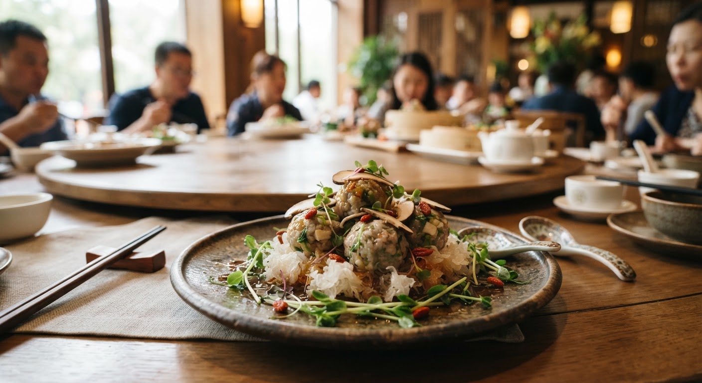 一道精致的中国素食宴席菜肴,展现了植物性食材的创意与美味。