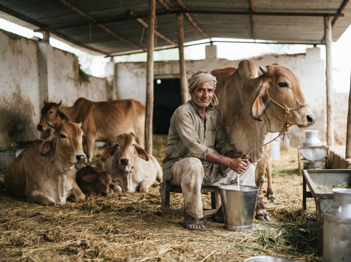 भारत में एक किसान अपनी गायों के साथ। डेयरी उद्योग कई भारतीय किसानों की आजीविका का एक महत्वपूर्ण हिस्सा है।