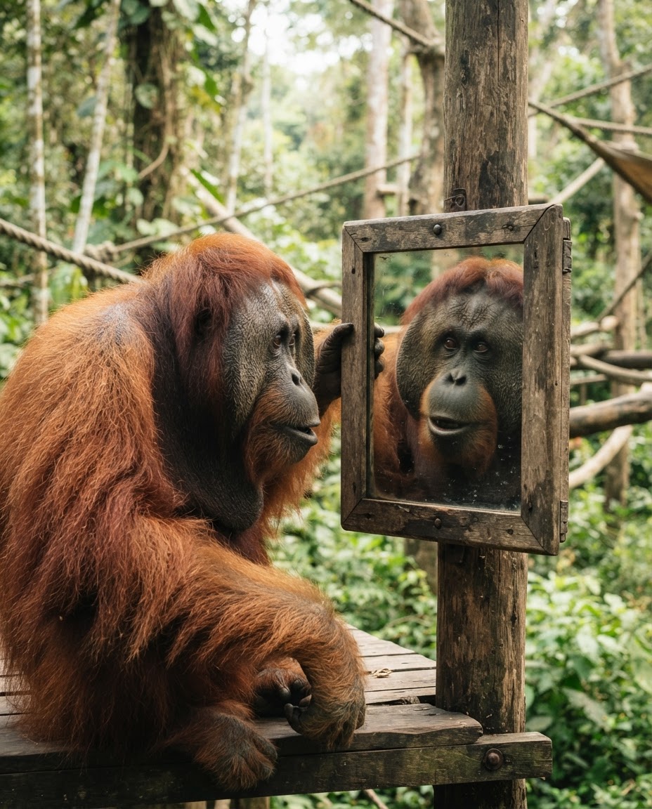 Seekor orangutan melihat pantulan dirinya di cermin, menunjukkan rasa ingin tahu.