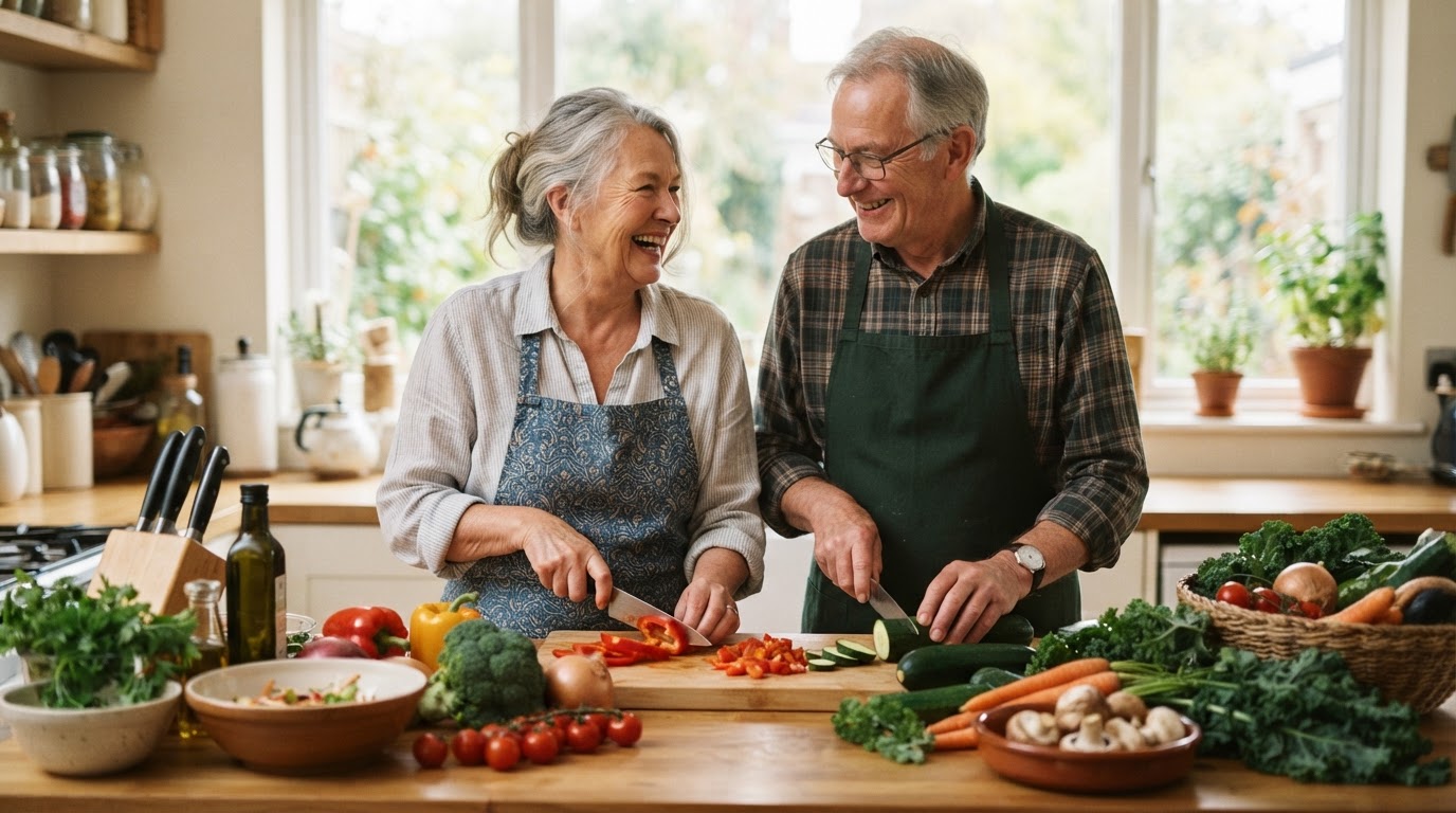 Pareja mayor sonriendo mientras prepara verduras frescas en una cocina luminosa.