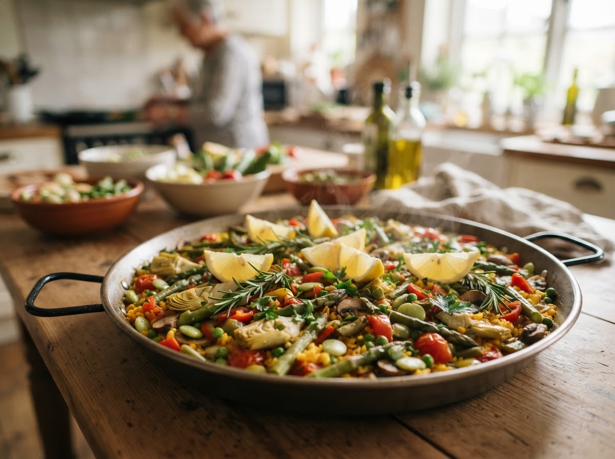 Una paella de verduras colorida y nutritiva, demostrando la versatilidad de los ingredientes vegetales en platos tradicionales.