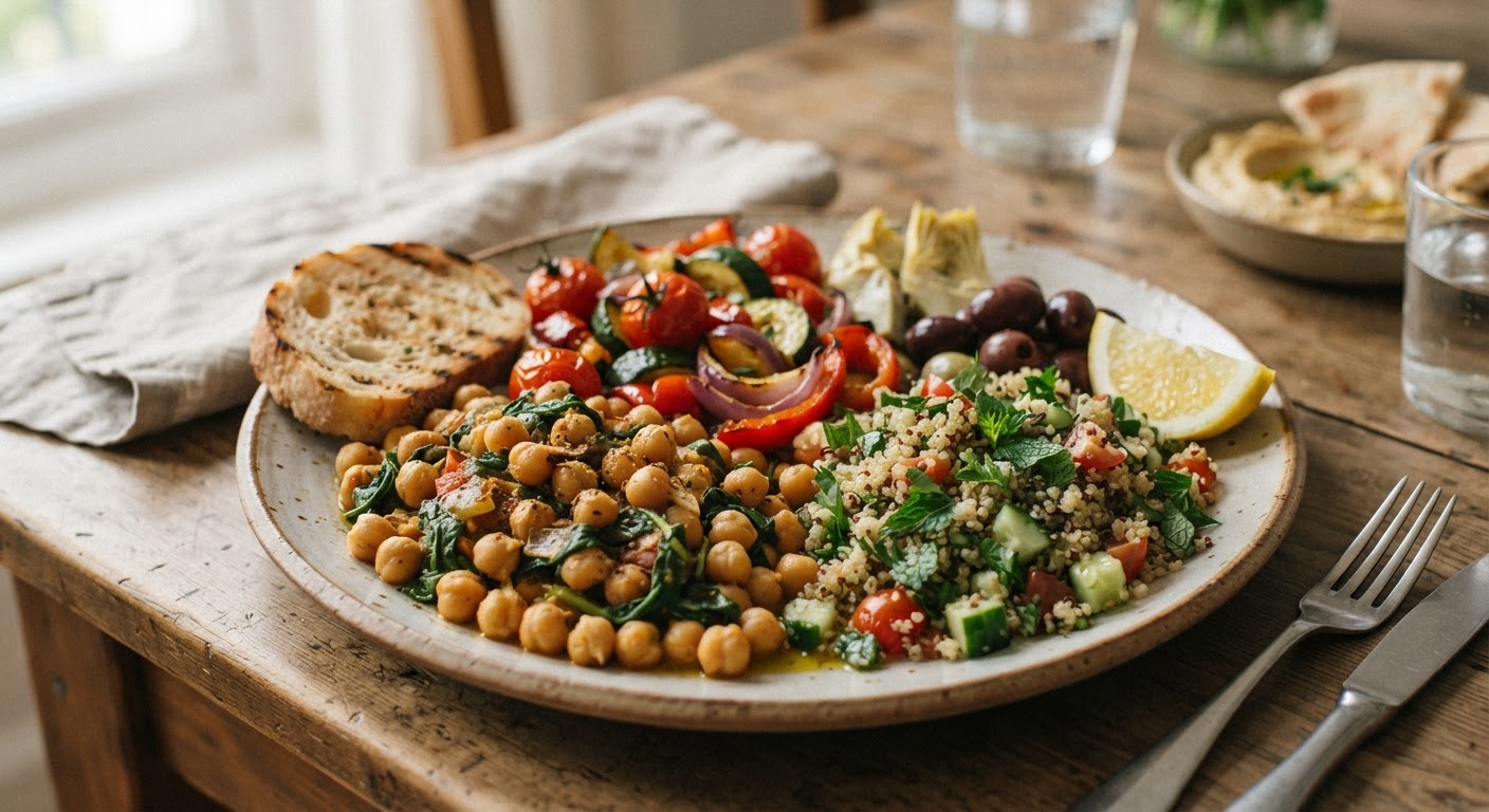 Un plato que representa la dieta mediterránea, destacando la abundancia de verduras frescas, legumbres y aceite de oliva, pilares de una alimentación vegana saludable.