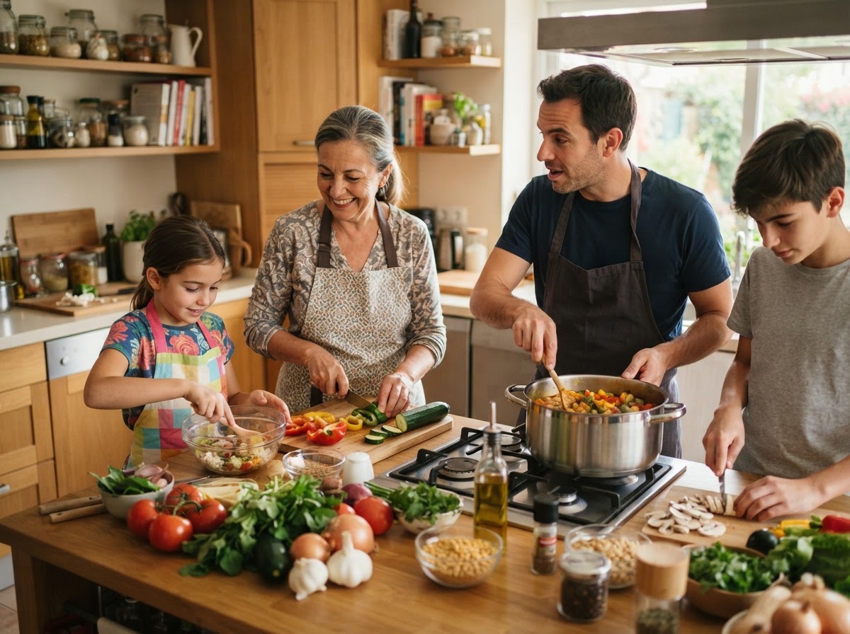 Una familia preparando una comida vegana juntos, fomentando hábitos alimenticios saludables y el disfrute de la cocina casera.