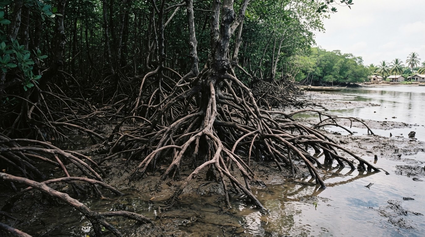 Floresta de mangal costeira com raízes expostas